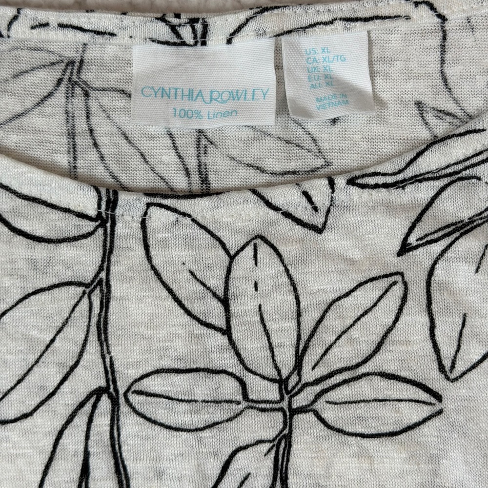 Cynthia Rowley Womens XL Linen White Black Botanical Leaf Print Cap Sleeve Top - Picture 4 of 7